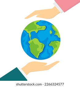 Happy earth day. Hands hold, protect the earth, globes. Hands protect the earth. Earth Day. Vector illustration in flat cartoon style.
