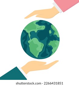 Happy earth day. Hands hold, protect the earth, globes. Hands protect the earth. Earth Day. Vector illustration in flat cartoon style.