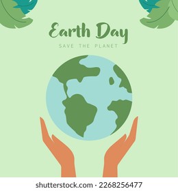 Happy earth day. Hands hold the earth and globes. Hands protect the earth. Earth Day. Vector illustration in flat style.