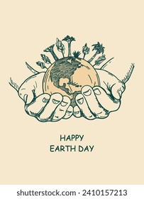 Happy Earth Day! Hands hold a globe, earth. Earth day concept. Vector sketch eco illustration for a social poster, banner or card. International Mother Earth Day. Ecology and environmental protection