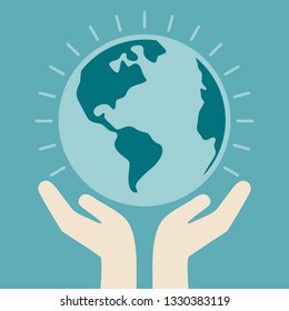 Happy Earth Day. Hands holding earth ball. Save our planet concept. Earth Day greeting card or banner template. Vector illustration clip art