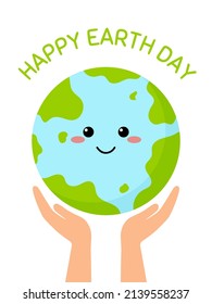  Alles Gute zum Erdtag. Hände, die den Globus halten, Erde. Glücklicher Earth Day Post Gruß. Illustration im Cartoon-Stil.