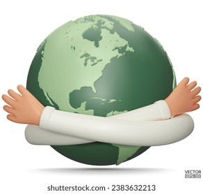 Happy Earth Day. Hands hug planet Earth. Concept of World Environment Day, Save the Earth, Protect environmental and eco-green life. 3D vector cartoon illustration.