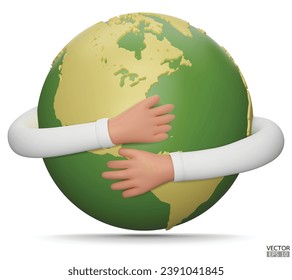 Happy Earth Day. Hands hug planet Earth. Concept of World Environment Day, Save the Earth, Protect environmental and eco-green life. 3D vector cartoon illustration.