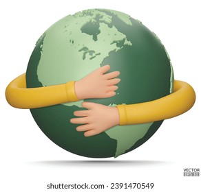 Happy Earth Day. Hands hug planet Earth. Concept of World Environment Day, Save the Earth, Protect environmental and eco-green life. 3D vector cartoon illustration.