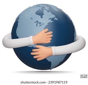 Happy Earth Day. Hands hug planet Earth. Concept of World Environment Day, Save the Earth, Protect environmental and eco-green life. 3D vector cartoon illustration.