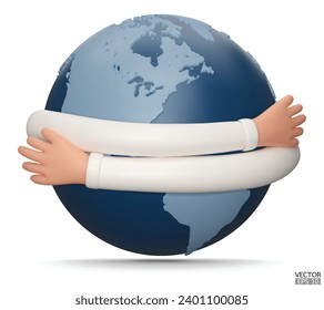 Happy Earth Day. Hands hug planet Earth. Concept of World Environment Day, Save the Earth, Protect environmental and eco-green life. 3D vector cartoon illustration.