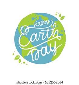 Happy Earth Day handwritten lettering
with the globe on a blue background. Happy Earth Day  typography vector design for greeting cards and poster. Design template celebration. Vector illustration.