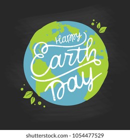 Happy Earth Day handwritten lettering
with the globe on a blue background. Happy Earth Day  typography vector design for greeting cards and poster. Design template celebration. Vector illustration.