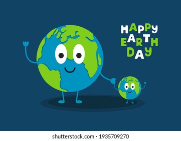 Happy Earth Day horizontal banner on blue background. Big earth holds small earth by the hand. Earth Day concept. Modern vector illustration