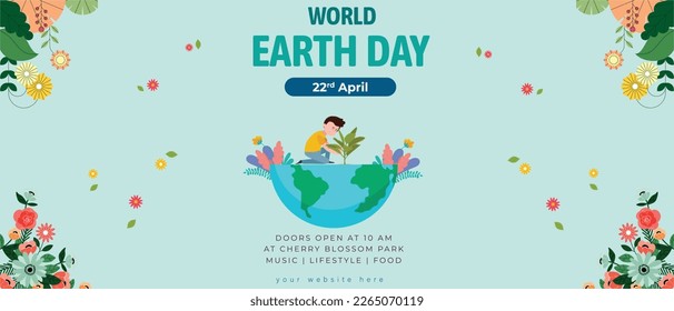 Happy earth day horizontal banner template  design with globe map  and leaves 