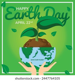 Happy earth day horizontal square card banner poster celebration on April 22. Hands holding earth shaped pot with plants. Earth day concept. Modern flat style illustration.