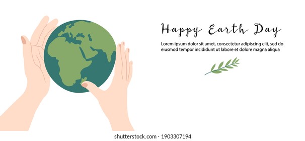 Happy Earth Day, Earth Hour, environment safety celebration. Hands hold our planet gently. Vector flat cartoon illustration. Perfect for landing page, banner design, web