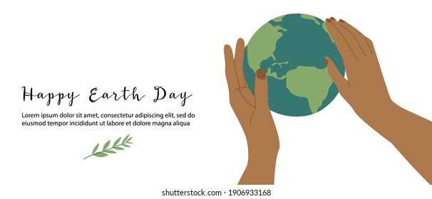 Happy Earth Day, Earth Hour, environment safety celebration. Hands hold our planet gently. Vector flat cartoon illustration. Perfect for landing page, banner design, web