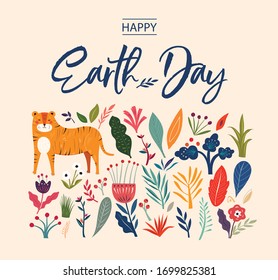 Happy Earth Day illustration. Big Vector colorful summer collection with flowers, leaves and tiger. Trendy vector cartoon illustration