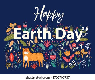 Happy Earth Day illustration. Big Vector colorful summer collection with flowers, leaves and tiger. Trendy vector cartoon illustration