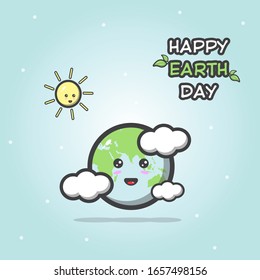 Happy earth day illustration with cute earth planet and sun face character on blue background. Vector
