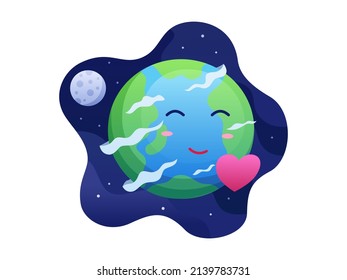 Happy Earth Day illustration with Cute Earth cartoon in space. Mother Earth Day vector flat illustration. Can be used for banner, poster, flyer, animation. Landing page, web, print,  etc