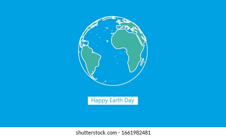 Happy Earth Day illustration with planet and lettering.  Flat style outline simple  vector illustration for banner, poster or greeting card.World map background on april 22 environment concept.