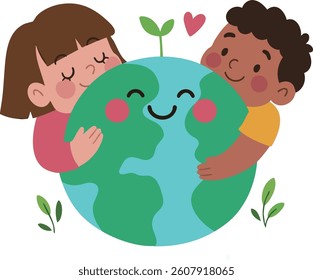 Happy Earth Day illustration. Two children hugging the planet Earth with smiling faces. Global love, environmental protection, and sustainability awareness