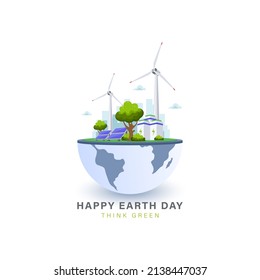 Happy earth day illustration vector design with globe map world environment . Ecology concept with green energy source for save the planet.