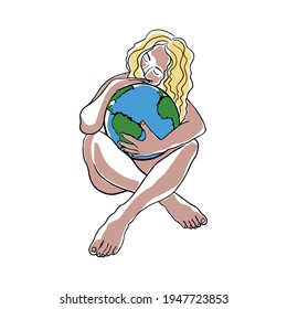 Happy Earth Day illustration. A woman embraces the planet Earth, protecting it from adversity. Vector line drawing for postcard design, web banner, poster.