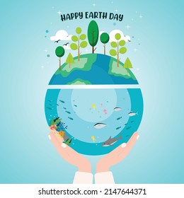 Happy earth day with images of earth, sea, fish, trees, clouds, coral reefs, birds and stars. Vector about environment and eco green