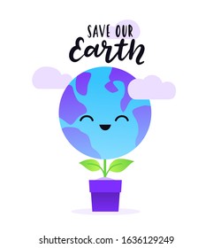 Happy Earth Day International Holiday. Save Nature of Our Healthy Green Planet Watering and Caring, Energy, Ecology Support. Flat Vector Illustration with hand written lettering