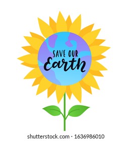 Happy Earth Day International Holiday. Save Nature of Our Healthy Green Planet Watering and Caring, Energy, Ecology Support. Flat Vector Illustration with hand written lettering