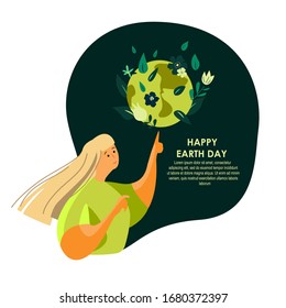 Happy Earth Day International Holiday. Woman Touch Planet Globe with flowers,Care, Love,Support.Saving Healthy Green Nature,Energy, Ecology Supporting.Environment Friendly Concept. Vector Illustration