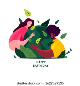 Happy Earth Day International Holiday.22April.Loving People Hug Globe,Care of Planet.Save Healthy Green Nature,Energy,Earth Hour.Environment Friendly, Ecology Support Concept.Flat Vector Illustration.