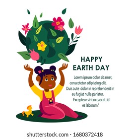 Happy Earth Day International Holiday.African Dark Skin Girl Child Hold Planet Globe,Care, Love.Saving Healthy Green Nature,Energy,Ecology Support.Environment Friendly Concept.Flat Vector Illustration
