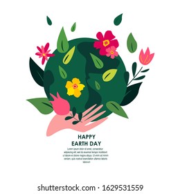 Happy Earth Day International Holiday.Human Hand Hold Green Blooming Globe.22April.Care of Planet, Save Healthy Nature and Energy.Environment Friendly,Ecology Support Concept.Flat Vector Illustration