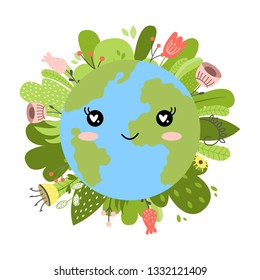 Happy Earth day. International Day of Peace. Cute cartoon funny kawaii character. Vector illustration. 