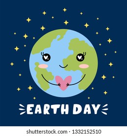 Happy Earth day. International Day of Peace. Cute cartoon funny kawaii character. Vector illustration. 