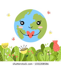 Happy Earth day. International Day of Peace. Cute cartoon funny kawaii character. Vector illustration. 