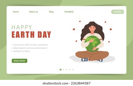 Happy earth day landing page template. Cute woman hugs Planet Earth with care and love. Perfect for web design, business presentation and marketing. Vector illustration in flat cartoon style.