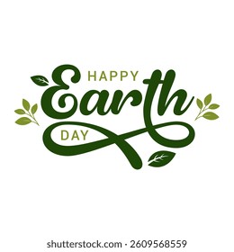 Happy Earth Day lettering with leaves. Hand drawn text design for World Earth Day 22 April. The green ecology concept saves our planet and environment. For print poster banner. Vector illustration