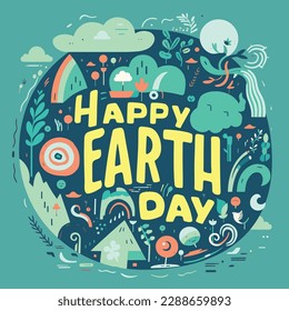 Happy Earth Day Lettering on a Background of Abstract Flat style planet Earth Illustration. Minimalistic Design Banner. Vector Image. Environmental Safety Celebration. EPS10