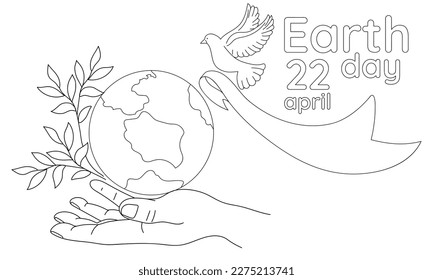 Happy Earth Day. Light male hands hold the globe, a growing branch, a flying white dove. The concept of Earth Day. A modern illustration in the style of a flat cartoon. Simple contour illustration