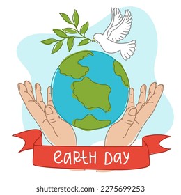 Happy Earth Day. Light male hands hold the globe, a growing branch, a flying white dove. The concept of Earth Day. A modern illustration in the style of a flat cartoon. Simple color illustration Print