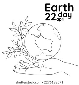 Happy Earth Day. Light male hands hold the globe, the earth, a growing branch. The concept of Earth Day. A modern illustration in the style of a flat cartoon. A simple outline illustration. Print.