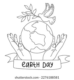 Happy Earth Day. Light male hands hold the globe, the earth, a growing branch. The concept of Earth Day. A modern illustration in the style of a flat cartoon. A simple outline illustration. Print.