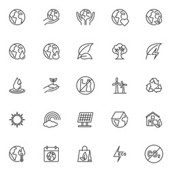 Happy Earth Day Line Icons Set. Linear Style Symbols Collection, Outline Signs Pack. Ecology And Environment Vector Graphics. Set Includes Icons As Renewable Energy, Eco Friendly, Earth Planet, Solar 