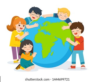 Happy Earth Day. Little cute boy and girl are hugging planet Earth over a white background. Save the earth. Green day. Ecology concept.