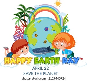 Happy Earth Day logo design with two children cartoon character illustration