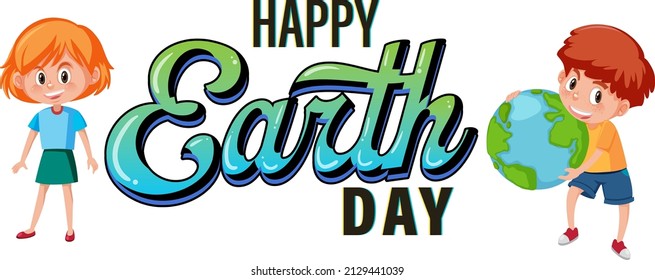 Happy earth day logo design with children cartoon character illustration