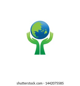 Happy Earth Day logo design.Earth globe symbol with hands, isolated on a white background. Vector Earth Day card