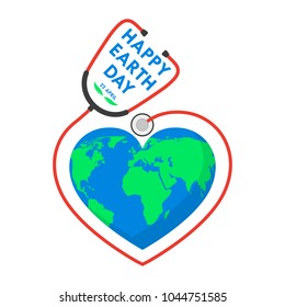 Happy Earth Day logo with stethoscope in flat design. Vector illustration. Happy Earth Day, ecology concept.