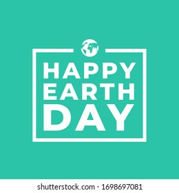 Happy earth day minimalist modern banner with globe icon written in white text on a green flat background. 